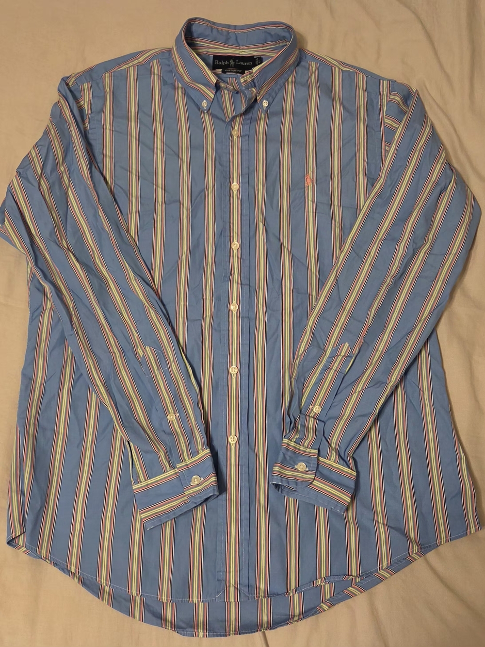 Ralph Lauren Men's Large Blue Multi-Striped Button-Down Custom Fit Cotton Shirt